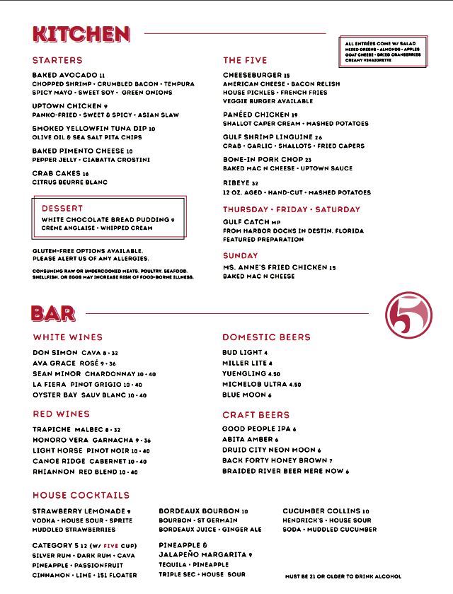 FIVE Tuscaloosa FIVE Tuscaloosa General Menu - Bars Menu in Tuscaloosa, AL