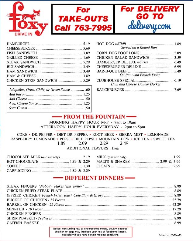 Foxy's Drive In Foxy's Drive In General Menu - American Menu in Clovis, NM