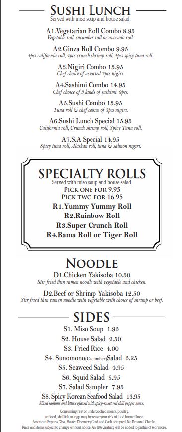 Ginza Sushi & Korean BBQ Ginza Sushi & Korean BBQ General Menu - Korean Menu in Birmingham, AL