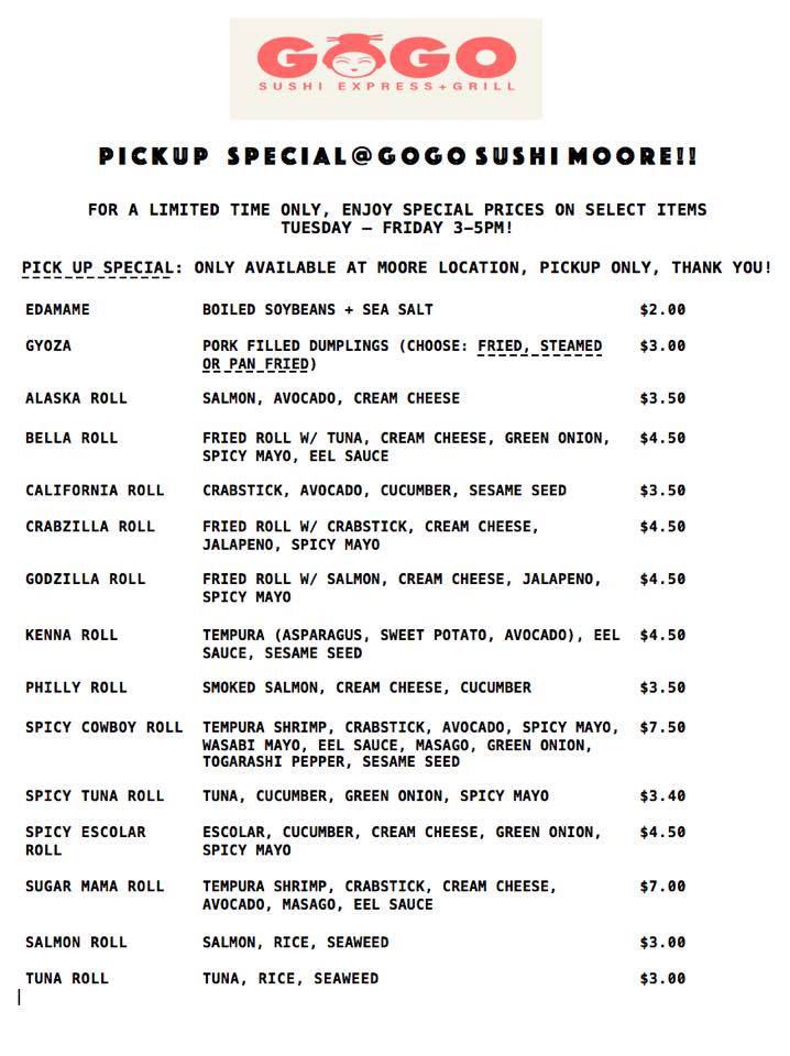 SUSHI MOTO GoGo Sushi Menu - American Menu in Oklahoma City, OK