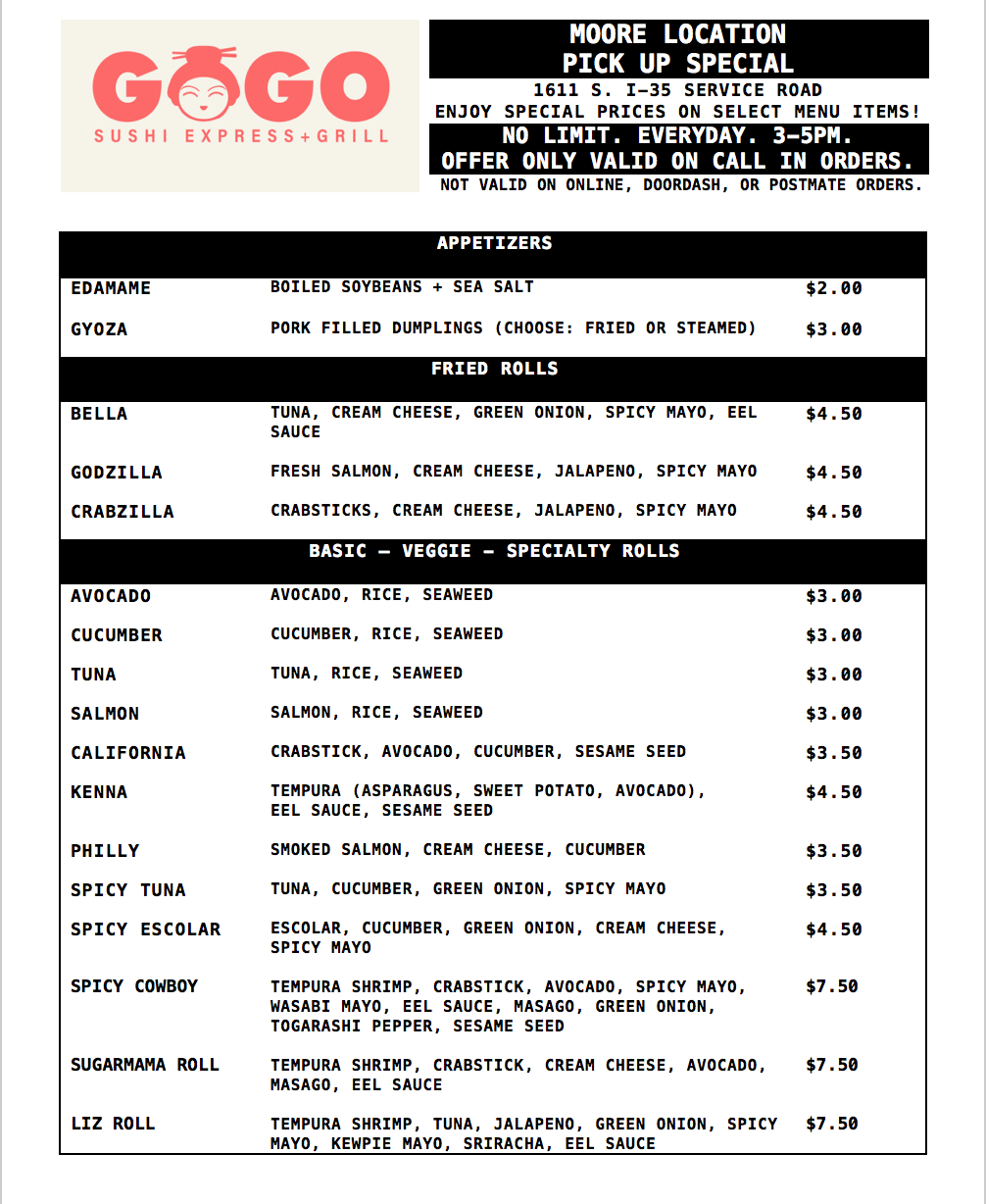 SUSHI MOTO GoGo Sushi Menu - American Menu in Oklahoma City, OK