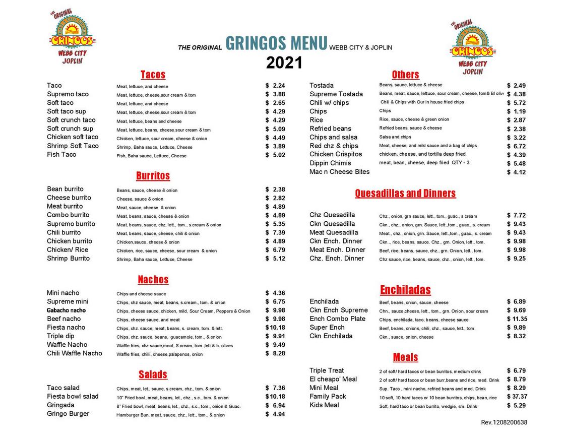 Gringos Gringos General Menu - American Menu in Webb City, MO