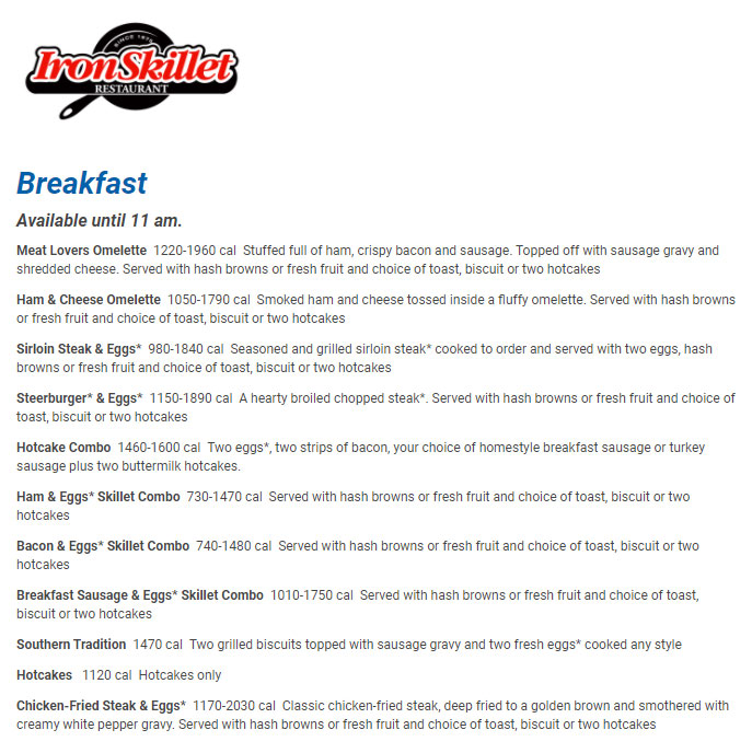Iron Skillet Iron Skillet Breakfast Menu - American Menu in Reddick, FL