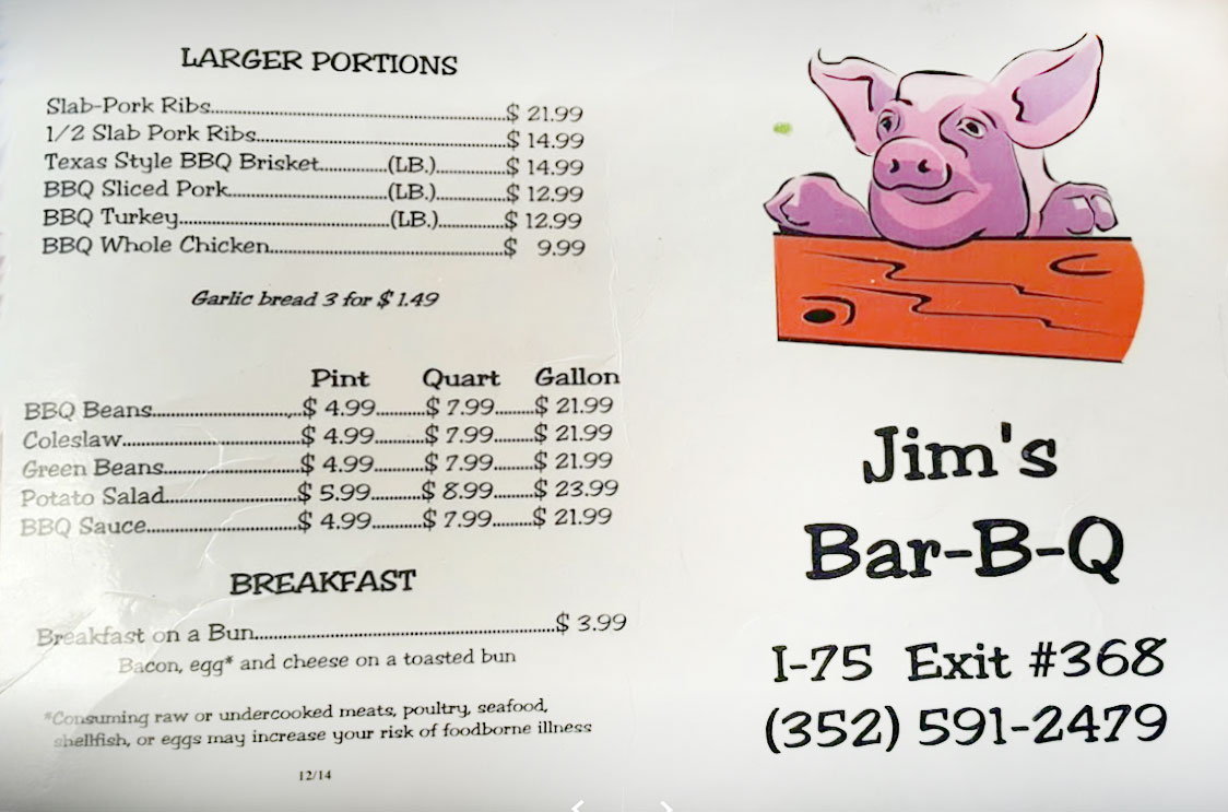 Jim's Bar-B-Que Jim's Bar-B-Que General Menu - BBQ Menu in Reddick, FL