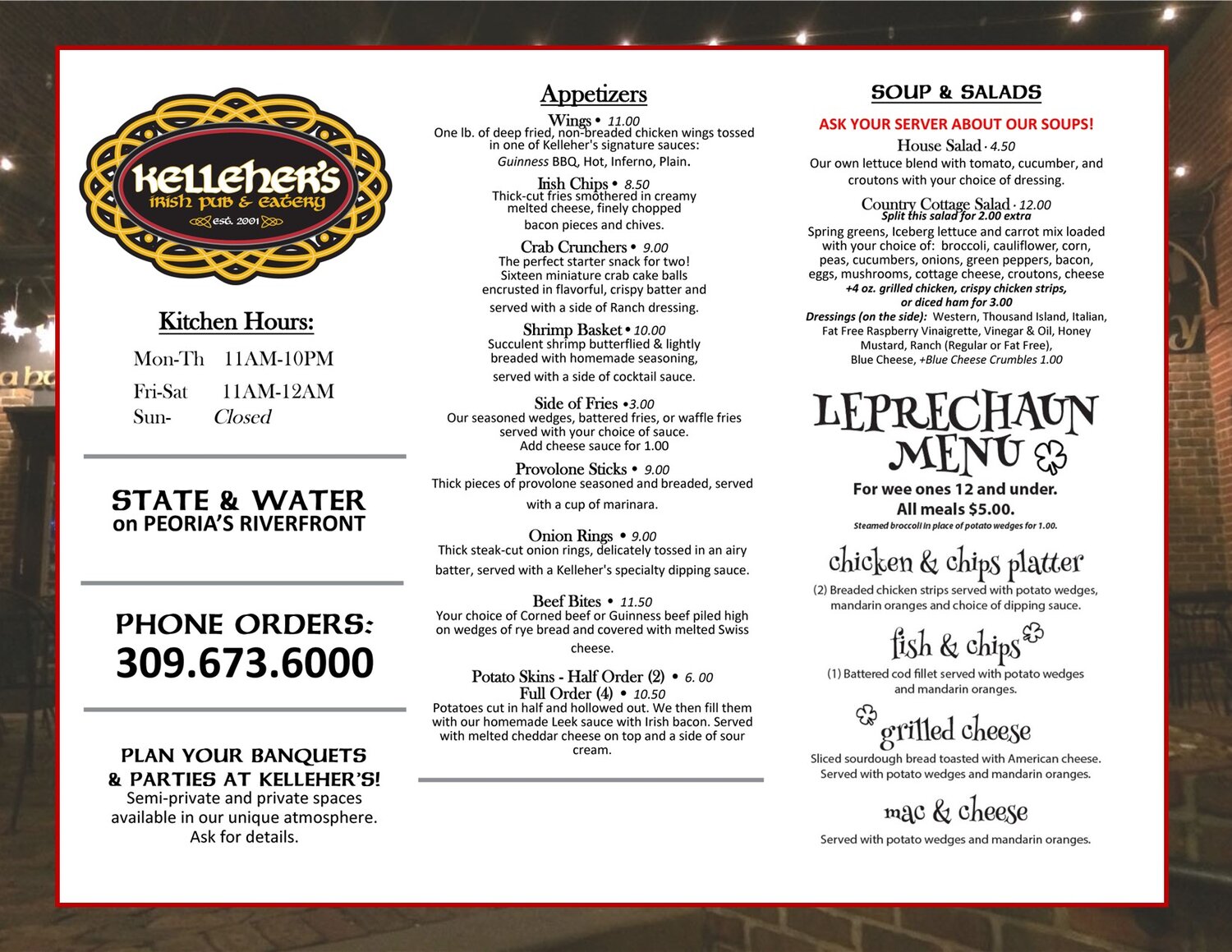 Kelleher's Irish Pub & Eatery Kellehers Irish Pub & Eatery Menu - Pubs Menu in Peoria, IL