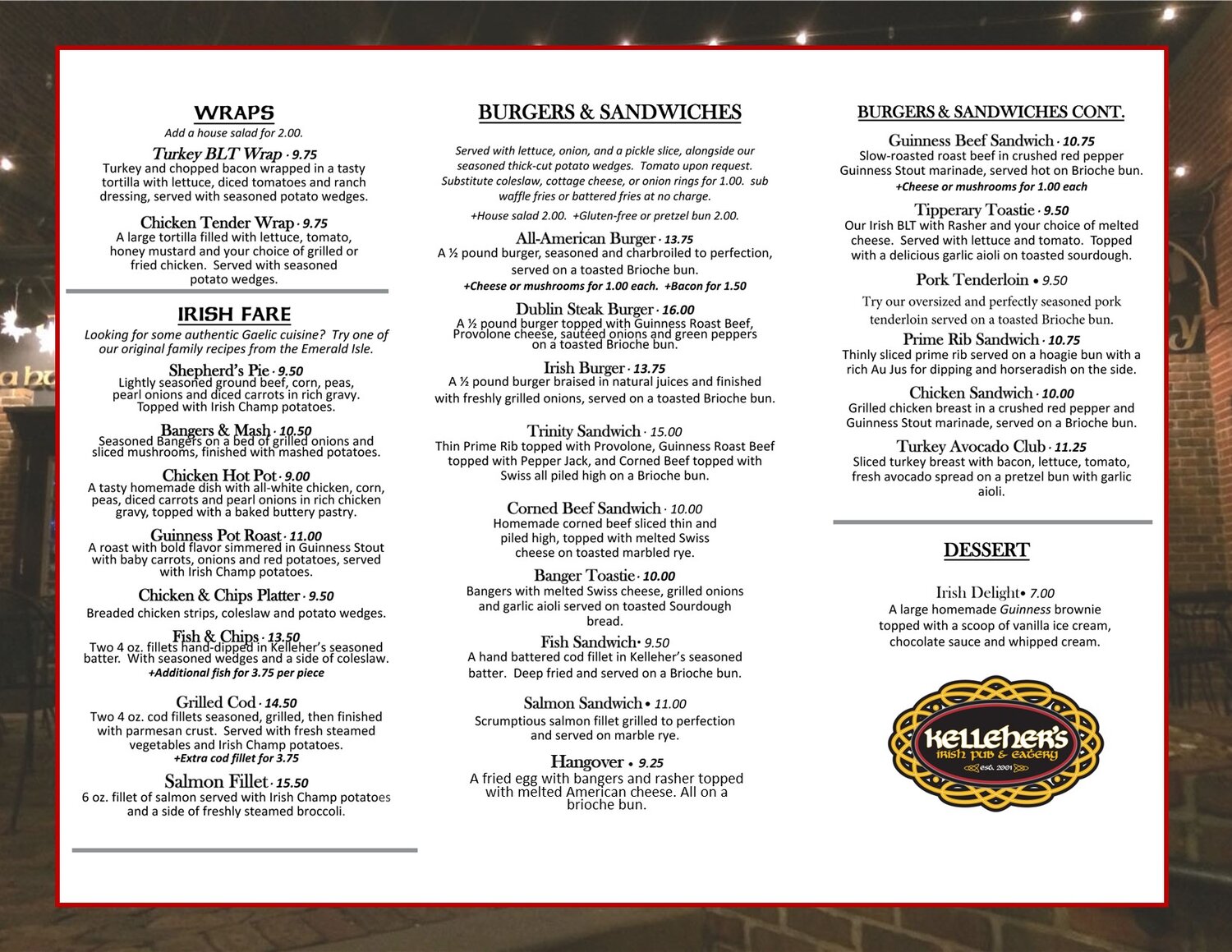 Kelleher's Irish Pub & Eatery Kellehers Irish Pub & Eatery Menu - Pubs Menu in Peoria, IL