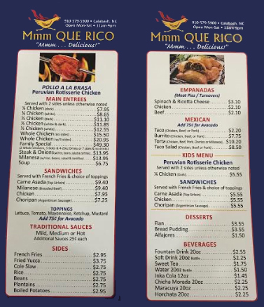 MMM Que Rico MMM Que Rico Menu - American Menu in Calabash, NC
