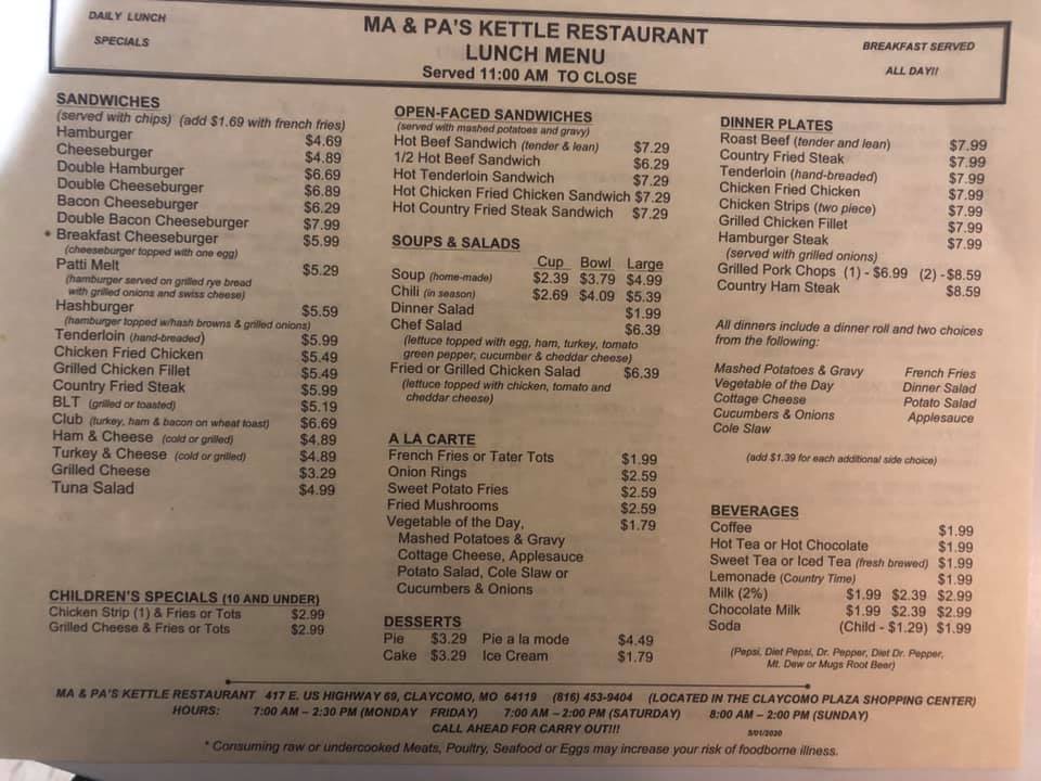 Ma & Pa's Kettle Restaurant Ma & Pas Kettle Restaurant Menu - American Menu in Kansas City, MO