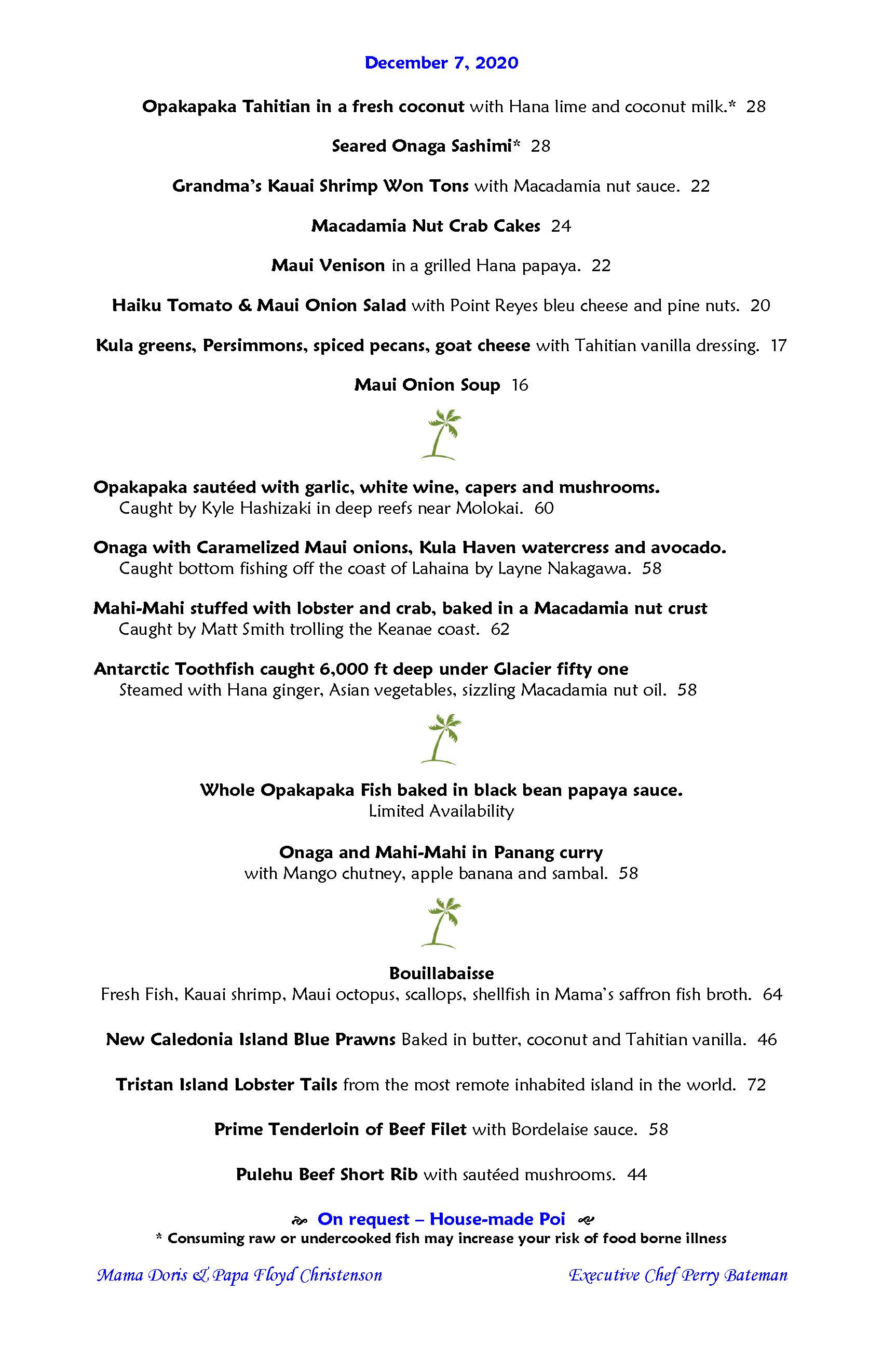 Mama's Fish House Mamas Fish House Menu - American Menu in Paia, HI