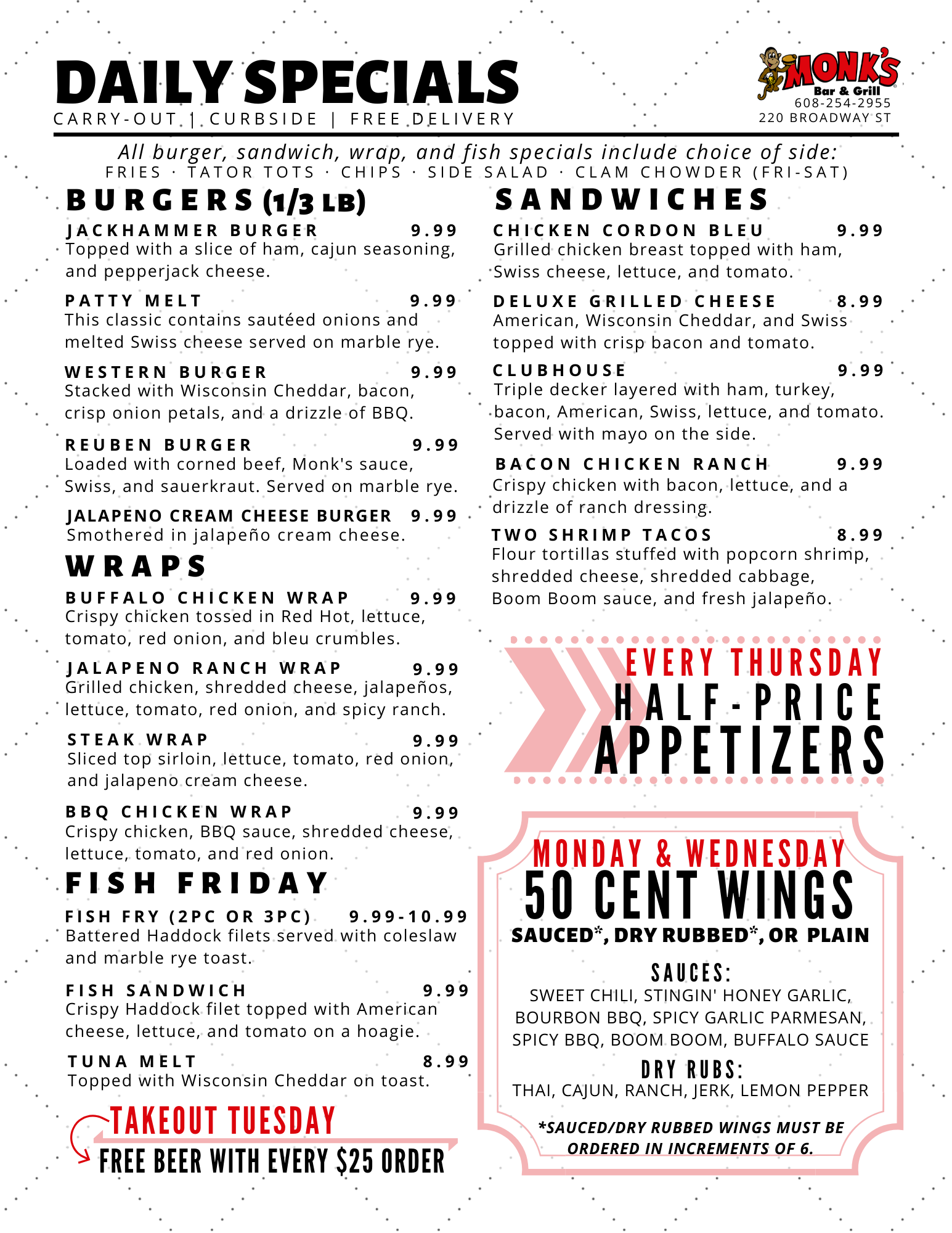 Monk's Bar & Grill Monks Bar & Grill Menu - Bar Menu in Wisconsin Dells, WI