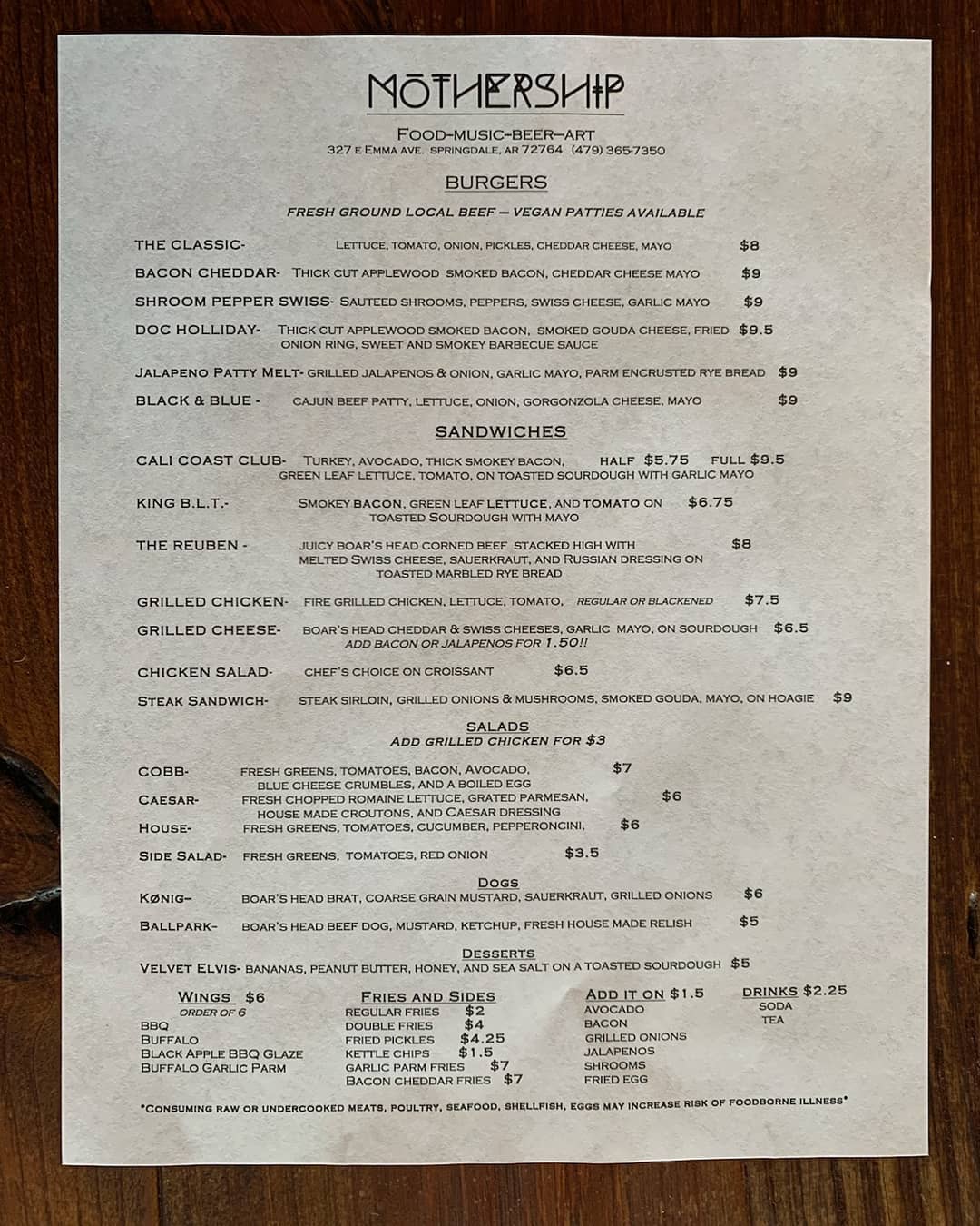 Mothership Mothership Menu - Cafe Menu in Springdale, AR