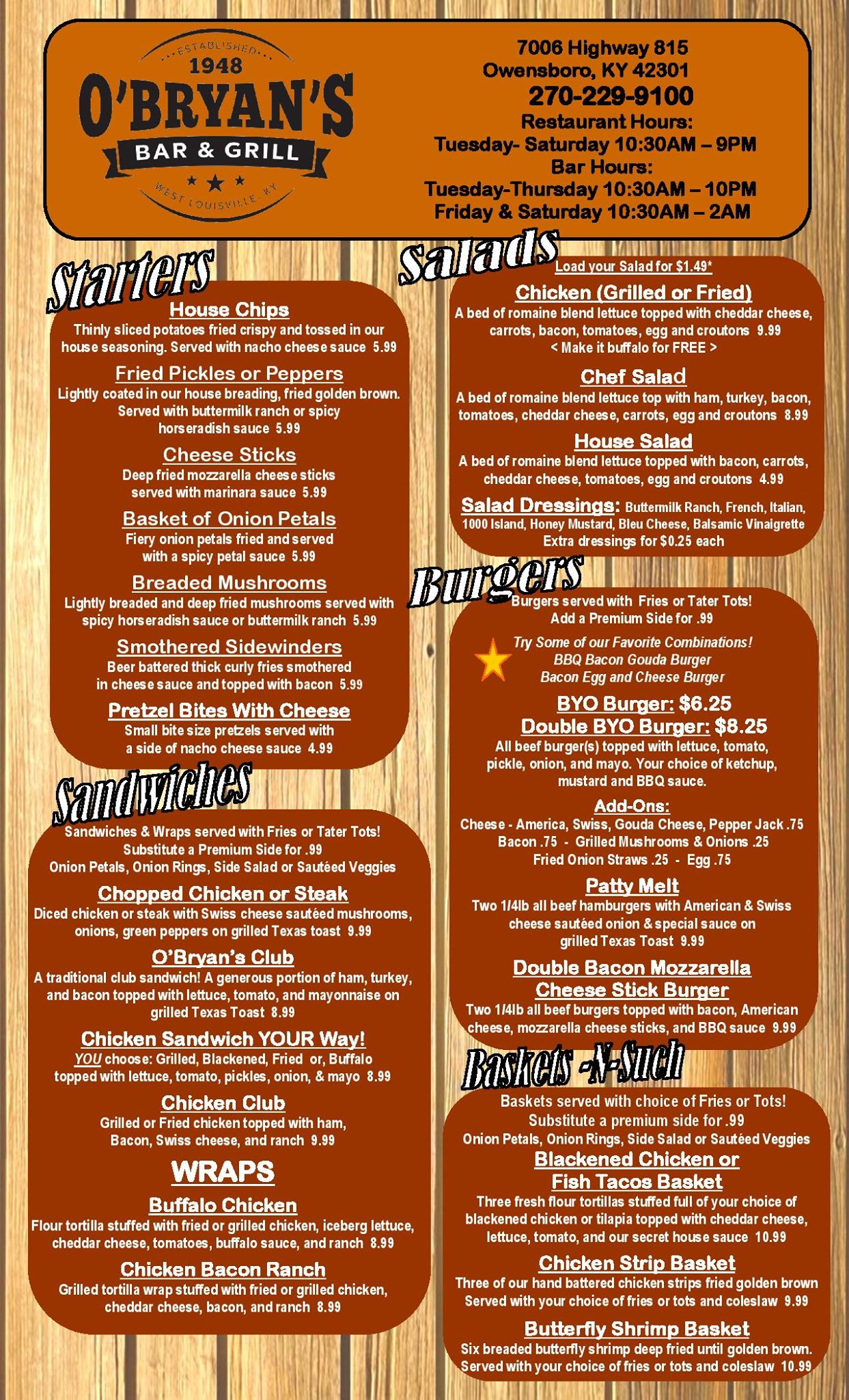O’Bryan’s Bar & Grill OBryans Bar & Grill Menu - Bar Menu in Owensboro, KY