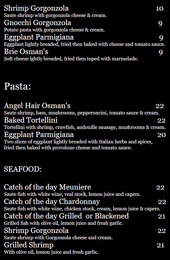 Osman's Restaurant Osmans Restaurant Menu - American Menu in Mobile, AL