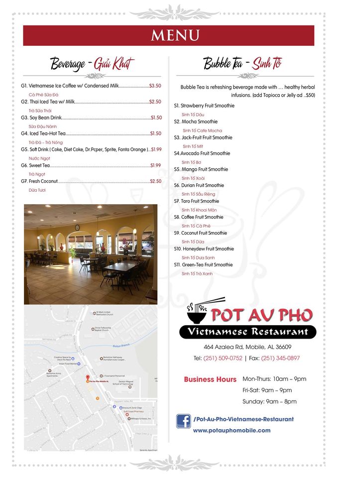 Pot Au Pho Mobile AL Pot Au Pho Mobile AL General Menu - Vietnamese Menu in Mobile, AL