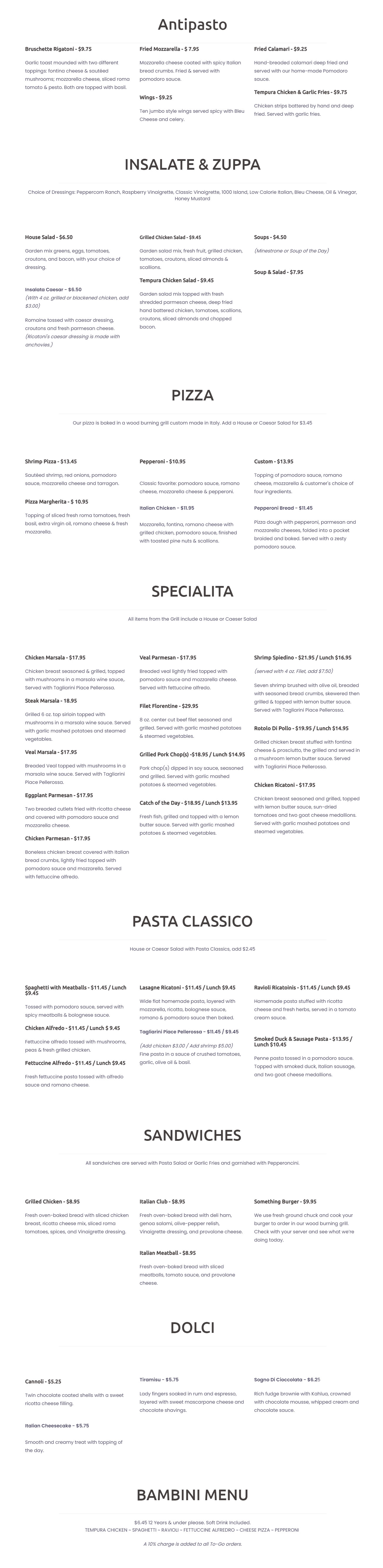 Ricatoni's Italian Grill Ricatonis Italian Grill Menu - Italian Menu in Florence, AL