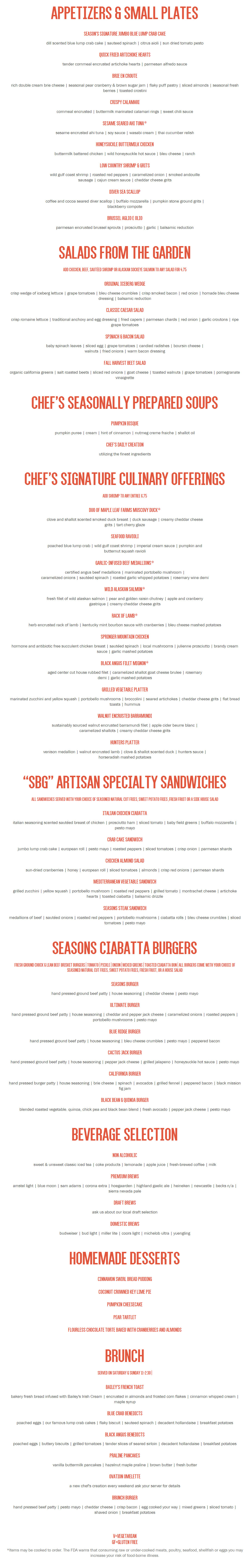 Seasons Innovative Bar & Grille Menu