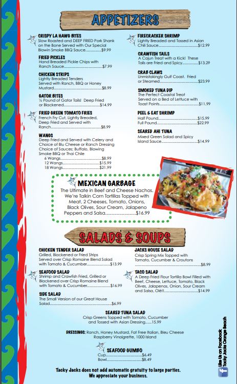 Tacky Jacks Gulf Shores Tacky Jacks - Gulf Shores Menu - Bar Menu in Gulf Shores, AL
