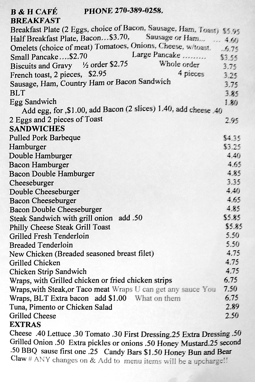 B & H Restaurant Menu