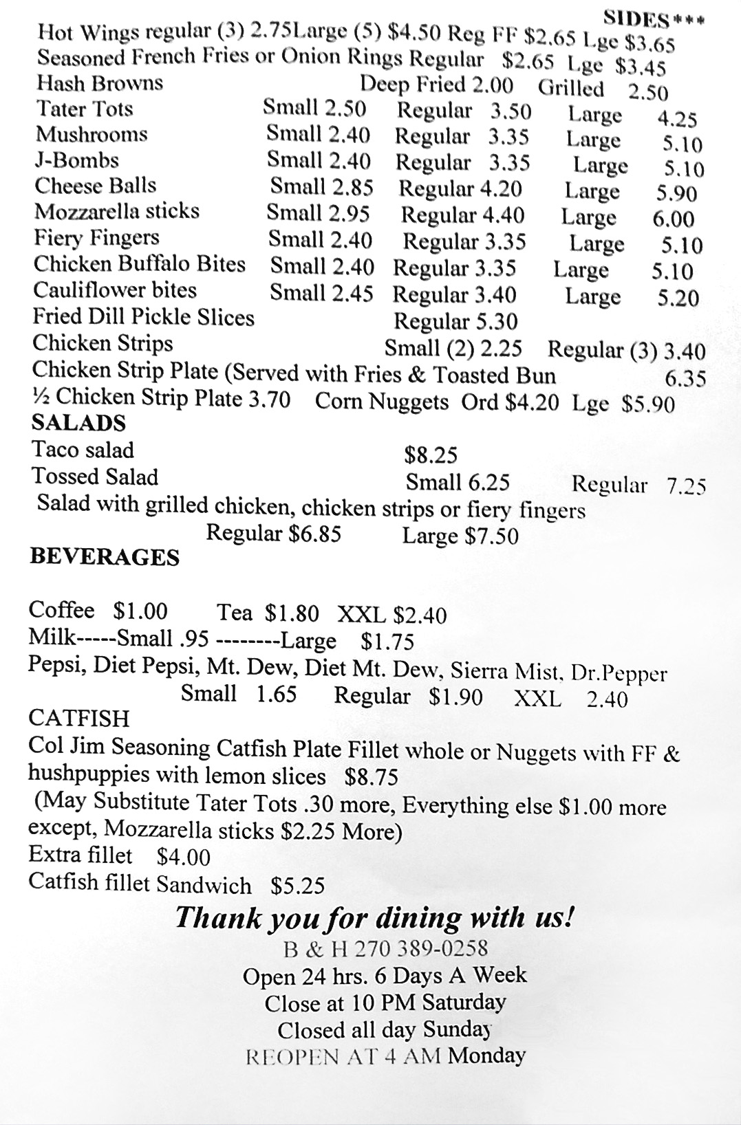B & H Restaurant Menu