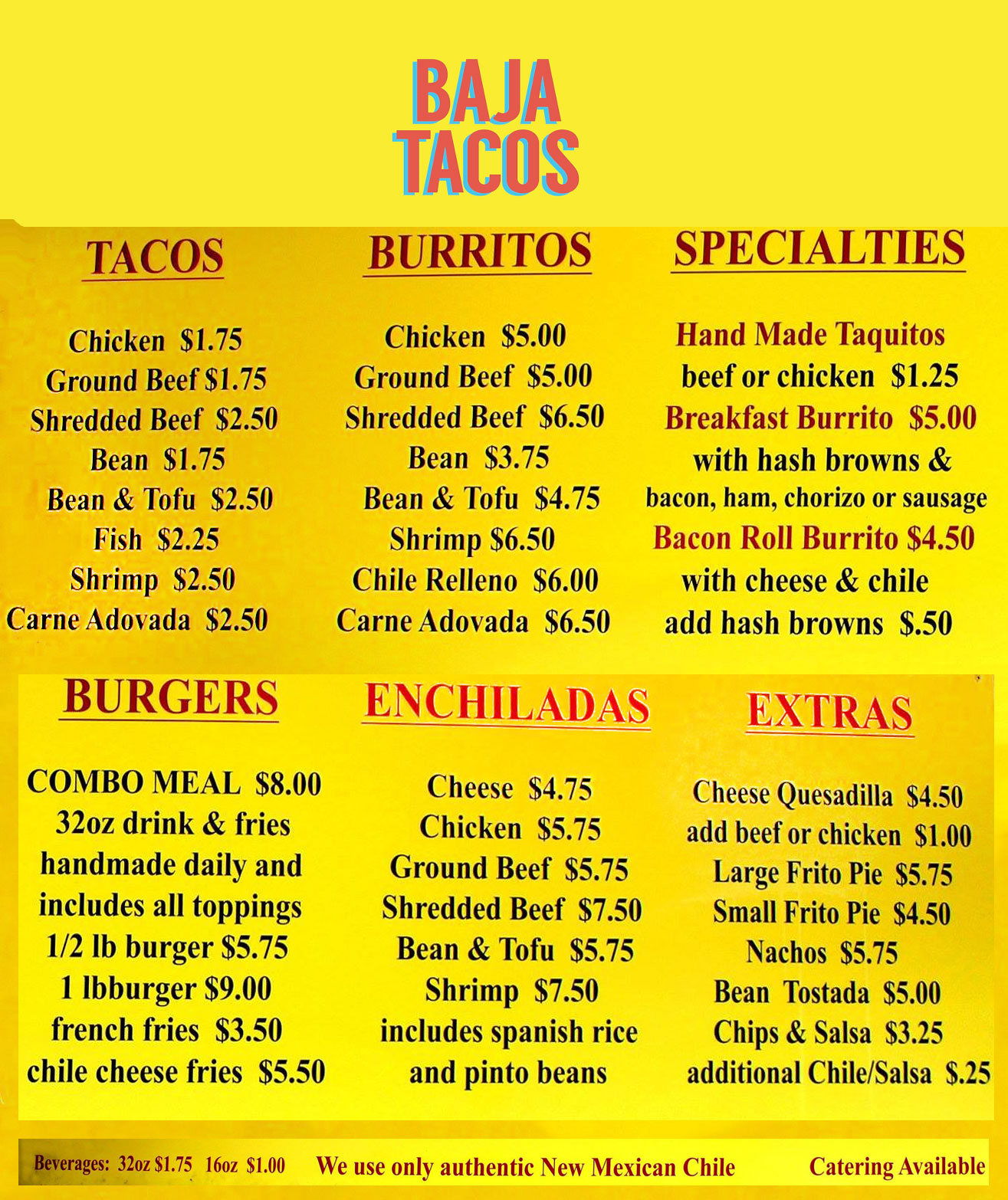 Baja Tacos Menu