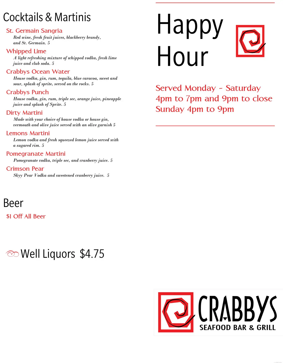 Crabbys Seafood Bar & Grill Crabbys Seafood Bar & Grill General Menu - American Menu in Rogers, AR