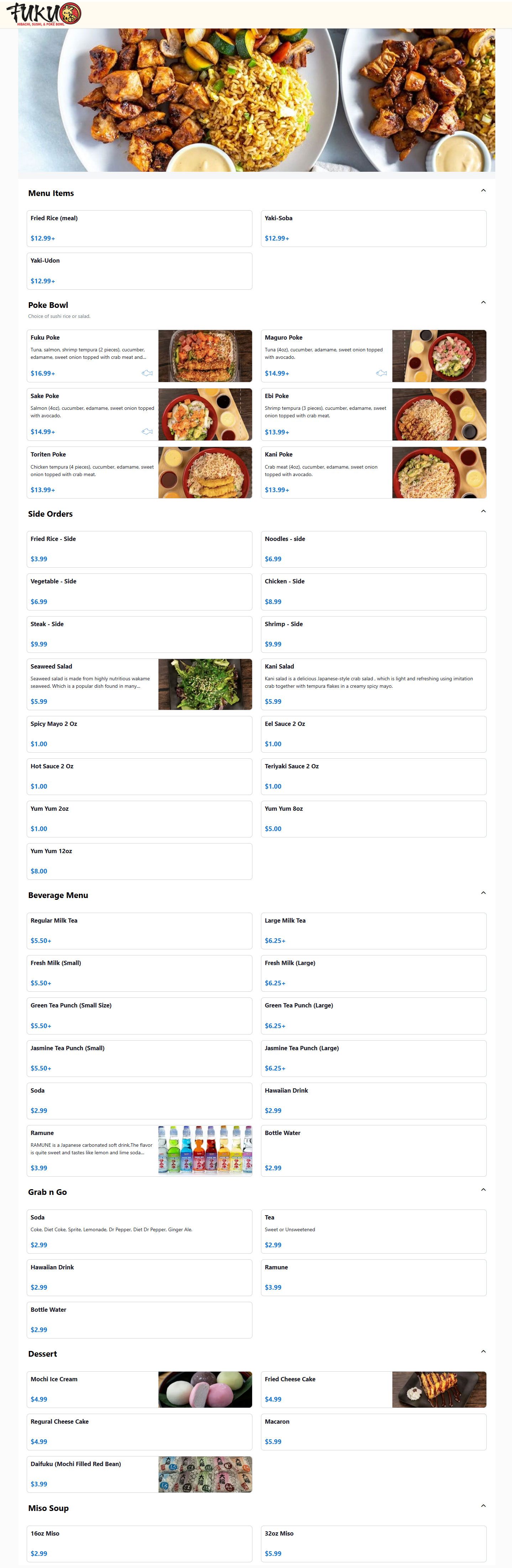 FUKU General Menu - Japanese Menu in Lowell, AR