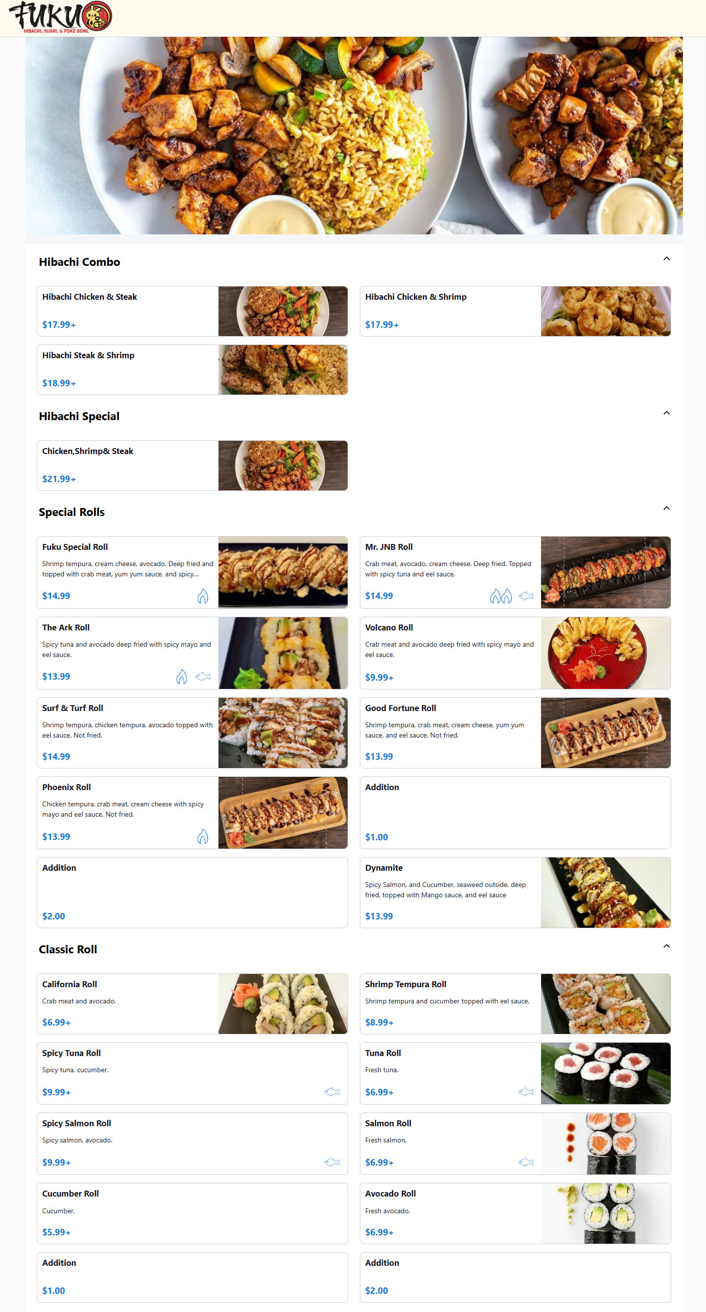 FUKU General Menu - Japanese Menu in Lowell, AR