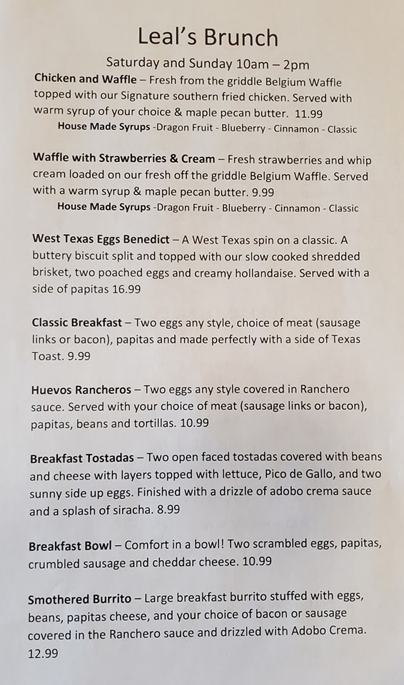 Leal's Mexican Restaurant Leal's Mexican Restaurant Brunch Menu - Mexican Menu in Plainview, TX